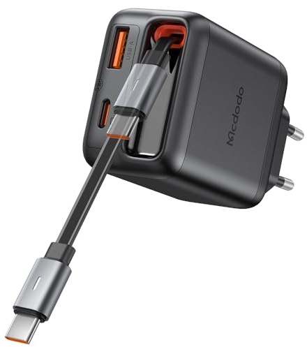 Mcdodo 35 W snabb USB C-laddare GaN-laddare med inbyggd 3-i-1 infällbar kabel (3 portar), kompatibel med iPhone 17 Pro Max/16/15, MacBook, Galaxy S25/S24 Ultra, iPad, Switch
