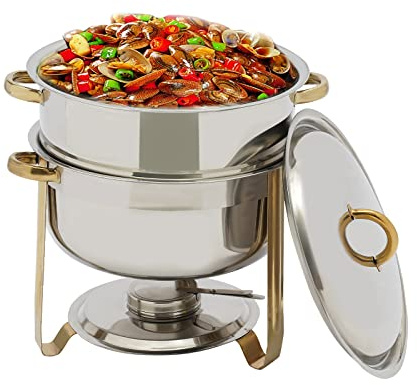 14.2Qt Soup Chafer Gold Round Chafing Dish Set, Stainless Steel Soup Warmer Buffet Catering Supplies for Celebrations, Parties and Events (Gold)