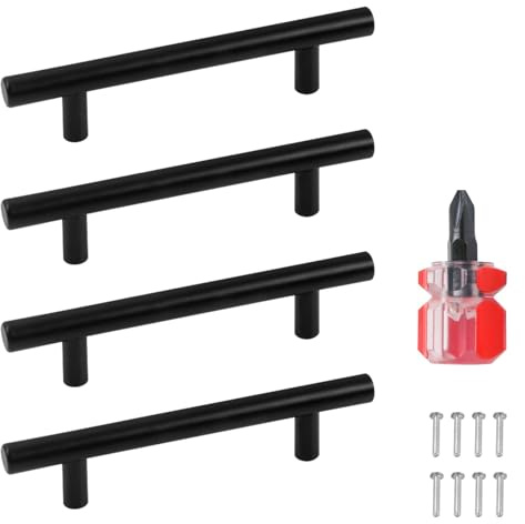 4Pcs Black Kitchen Cupboard Handles 96mm Hole Cente, 150mm Stainless Steel T Bar Pull Handle with Screwdriver and Screws, Matt Black Drawer Cupboard Door Handles for Cupboards Furniture Decoration