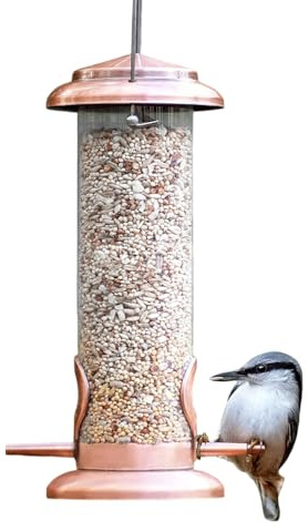 Distributore di mangime per uccelli in metallo, resistente alle intemperie, in rame, accessorio per l'alimentazione da appendere, giardino, terrazza, balcone, casa, decorativo, animali da osservazione