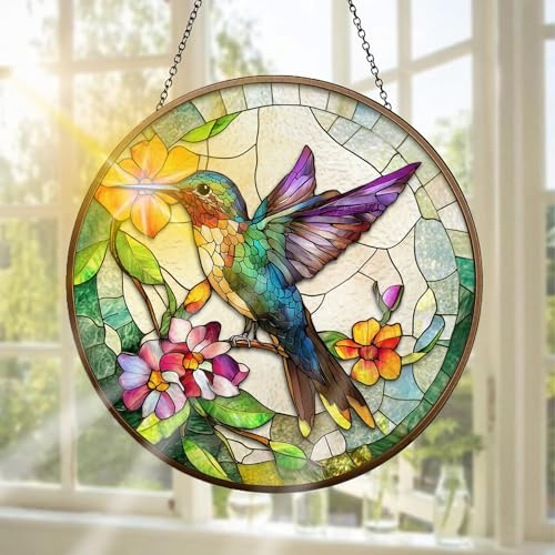 Pavemlo Colibri Attrape-Soleil en Vitrail, Décoration De Fenêtre Suspendue Fleurs Attrape-Soleil Artisanal, Idéal pour Décorer Un Jardin, L'intérieur Ou L'extérieur, Cadeau De Noël 20 X 20 cm