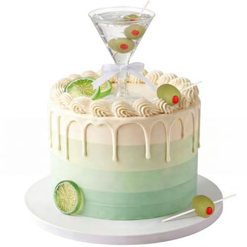 Leinuosen 15 Pcs Martini Cake Toppers Martini Themed Party Supplies Birthday Cake Cupcake Decoration, 1 Cocktail Glass 3 Olive Skewers 10 Realistic Lemon Slices 1 Roll of Ribbon for Bachelorette Party
