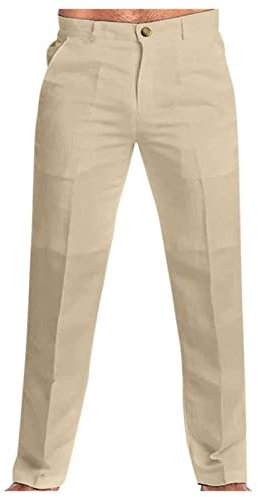 Pantalones de lino para hombre, pantalones de verano, pantalones de ocio, ligeros, con cordón, bolsillos, pantalones de tela, corte holgado, algodón largo, A47, beige, 3XL