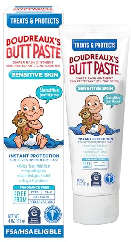 Boudreaux’s Butt Paste Zinc Oxide Diaper Rash Cream, Hypoallergenic for Sensitive Skin, 4 Oz Tube