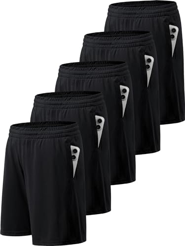 BVNSOZ Men's Athletic Shorts with Pockets and Elastic Waistband Quick Dry Workout Shorts for Men, Black x 5, S