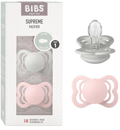BIBS Supreme Dummies 2-Pack, BPA Free Dummy Pacifier, Silicone Symmetrical Nipple Soother, Size 1 (0-6 Months), Haze/Blossom