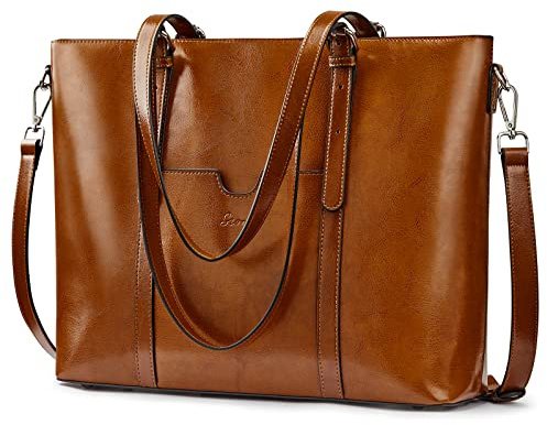 S-ZONE Women Genuine Leather Laptop Tote Bag Shoulder Handbags 15.6 Inch Purse, Light Brown, Small, Tote