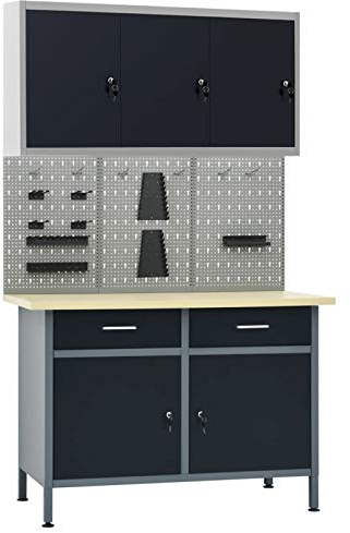 Werkbank mit 3 Werkzeugwänden und 1 Wandschrank, MOONAIRY Werktisch, Arbeitstisch, Schweißtisch, Maschinenuntergestell,