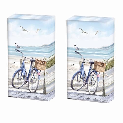 20 einzelne Taschentücher Sonstiges Fahrrad mit Korb am Strand. 2 Packungen mit 10 einzelnen Papiertaschentücher bedruckt als Geschenk.