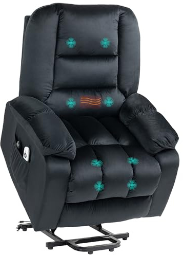 HOMCOM Sillón Elevador eléctrico, sillón reclinable eléctrico, fácil Montaje, 8 Puntos de Masaje vibratorios, calefactado, tapizado imitación Terciopelo, 2 mandos a Distancia, Negro