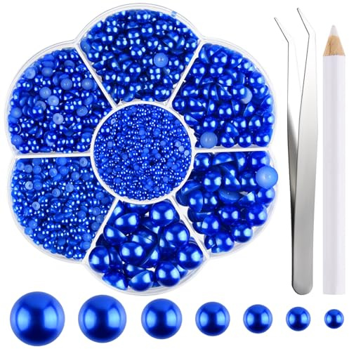 NACHLYNN 6480 perlas de parte trasera plana, 7 tamaños, cuentas de media perla, color azul, con parte trasera plana, perlas semicirculares para manualidades, adornos, zapatos, ropa, bolsas, bricolaje
