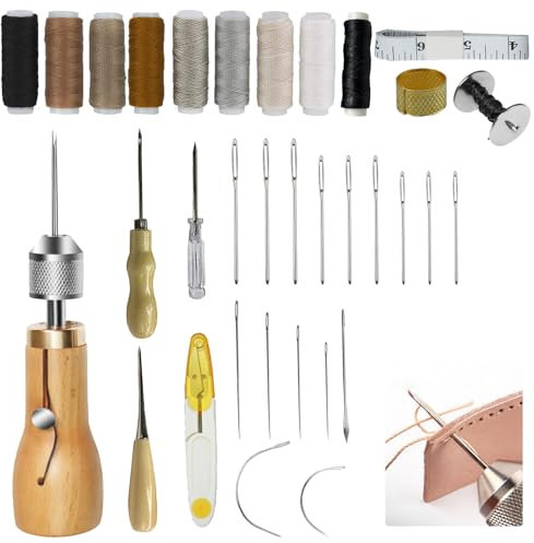 Mocrop 34 Stück Leder Nähen Set Leder Nähset Nähset mit Nähnadeln Nähgarn für Reparaturen DIY Lederhandwerk Nähwerkzeug mit 16Pcs Nadel für Reparaturen, Handnähen, DIY-Lederhandwerk
