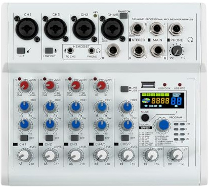7 Kanal Mischpult, Audio Mixer mit 88 Digital-Effekte Farbdisplay Bluetooth-Kompatible Verbindung 7 Kanal Musik Mixer Studio Bluetooth Mini-Audio-DJ-Mixer