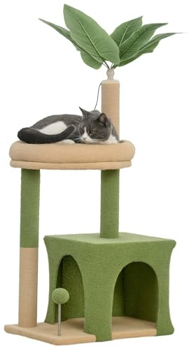 PawHut Albero Tiragraffi per Gatti con Foglia di Palma, Casetta, Lettino e 2 Palline, Torre per Gatti in Legno e Poliestere, 44x30x98 cm, Verde e Marrone
