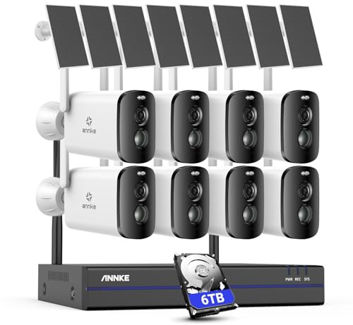 ANNKE Set telecamera di sorveglianza per esterni, batteria con pannello solare, 8 X 4 MP, telecamera di sorveglianza solare con NVR 10 CH 5 MP, sistema di monitoraggio wireless con sensore di