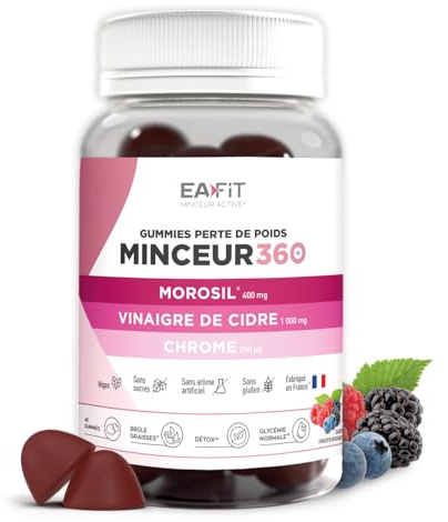 EAFIT Minceur 360 Morosil et Vinaigre de Cidre - Gummies Morosil Perte de Poids - Chrome - Gummies Perte de Poids - Brule Graisse - 40 gummies - Fruits Rouges - Sans Sucre - Fabriqué en France