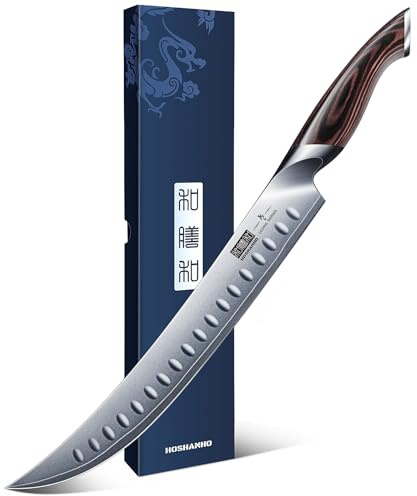 HOSHANHO Schinkenmesser 25cm, Fleischmesser aus Japanischem Kohlenstoffstahl mit Ergonomischem Pakkaholzgriff, Rasiermesserscharfe, Gebogene Tranchiermesser zum Schneiden von Fleisch