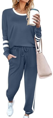 Desol Airport Outfits for Women Lounge Wear Sets Coord Long Sleeve Shirt with Pant Suits Tracksuit Sweatsuit Casual Blue L