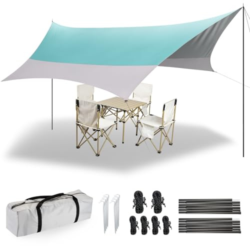 Forceatt 3.7 x 4.3m Tenda Parasole da Campeggio Tarp con 2 Pali, Tenda da Sole Telone Anti-UV(UPF50+) Impermeabile Può Essere Utilizzato con Auto,Tenda e Amaca per Escursioni, Giardino e Viaggi