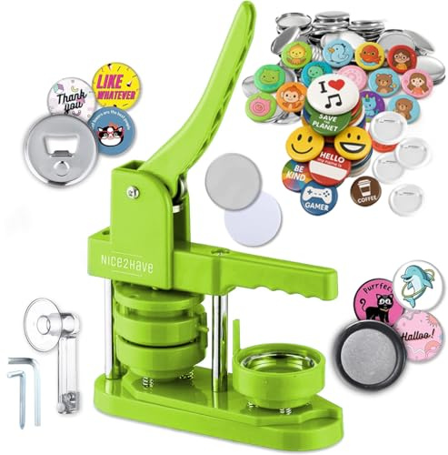 Button Maker Machine 58mm (2.25 Inch) Badge Maker Kit - Single Mold, 100 Badges, 5 Fridge Magnets, 5 Bottle Openers, Cutter, and 500+ Badge Designs for DIY Crafts (Green)