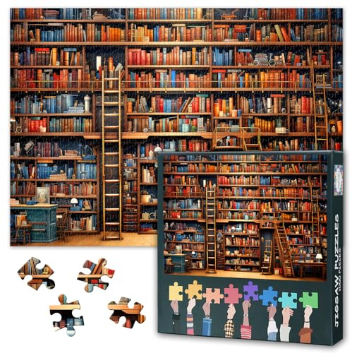 Vintage Library 1000 Piece Puzzle for Adults Bookshelf Filled with Lots of Books Collage Puzzles Learning and Education Concept Jigsaw Puzzles Family Challenging Puzzle Gifts 50x70 cm