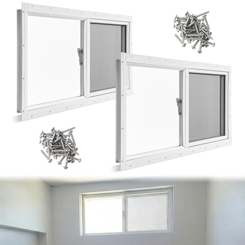 Kathfly Paquete de 2 mini ventanas de sótano de 32 x 14 pulgadas con pantalla de bloque de vidrio y tornillos para cobertizos del hogar