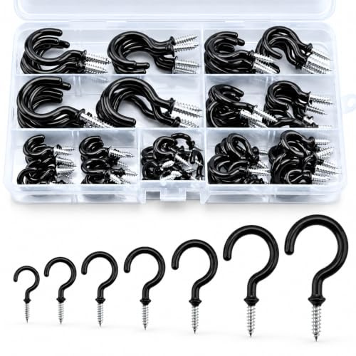 KINGLAKE 115 Pcs Black Screw in Hooks (7 Sizes), Plastic Coated Mug Cup Hooks Wall Ceiling Hook for Wood, Under Cupboard, Cabinet Shelf, Hanging Plant and Kitchen Utensils