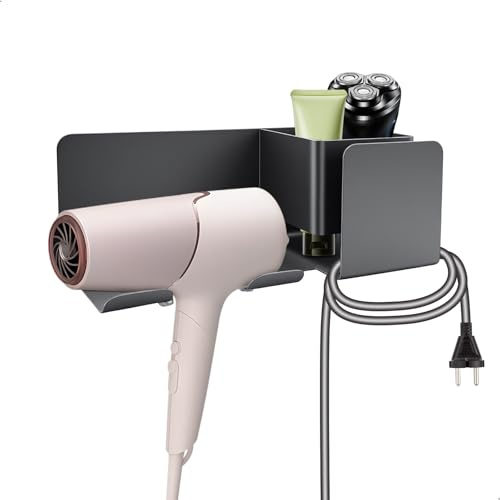 keyuancan Soporte Secador de Pelo, Sin Taladrar Soporte Autoadhesivo para Secador De Pelo, Autoadhesivo Hair Dryer Holder con Organizador de Cables para Barbershop, Baños, Tocadores, Negro