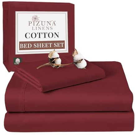 Pizuna 100% Cotton Single Bed Sheet Set Rio Red 400 Thread Count | 400 Thead Count Long Staple Cotton Bedding, 180x280 cm, Soft Sateen 3 Pc - Fitted Sheet & 1 Pillowcase