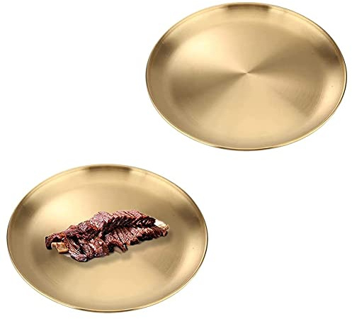 2 stycken runda rätter i rostfritt stål, rostfritt stål rund bricka, gyllene rund bricka, gyllene dekorativ platta, rostfria tallrikar serveringstallrikar, för kök, matsal, camping, fest, 20 cm, guld