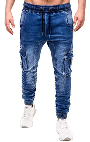 Gefomuofe Pantalones de jogging para hombre con aspecto de jeans, denim de algodón mezcla de algodón, cordón, estilo desgastado, elástico, jeans cargo skinny de ajuste slim, cierre de cremallera, azul