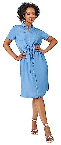 Roman Originals Shirt Dress for Women UK Ladies Short Sleeve Sleeveless Belted Collared Midi Maxi Summer Spring Smart Casual Button Evening Office A Line Swing Skater - Petite Light Denim - Size 16