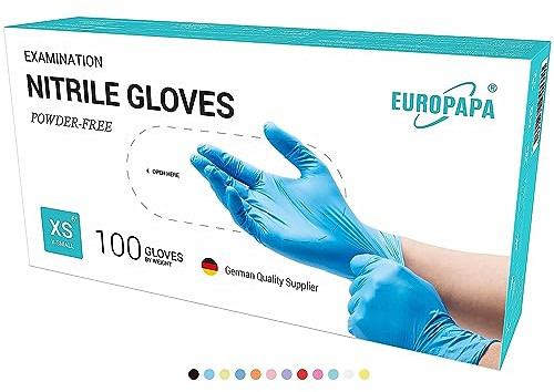 EUROPAPA Boîte de 100 gants jetables, en nitrile, à usage unique, adaptés pour examen, non poudrés, sans latex, non stériles (XS, Bleu)