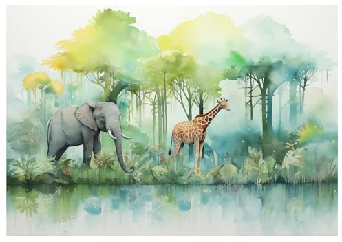 WallArena - Vlies Fototapete Kinderzimmer 400x280 cm Dschungel Tiere - Fototapeten Tapeten für Kinder Mädchen & Jungen - Kindertapete - Kinderzimmertapete Natur Tiere Aquarell