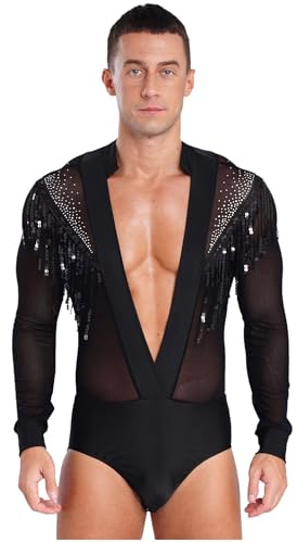 Freebily Mens Long Sleeve Shiny Rhinestones Unitard Latin Dance Shirt Ballroom Bodysuit Leotard Tops Black M