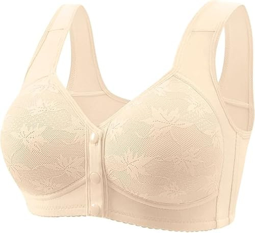 Daisy Lace Bras for Women Front Closure No Underwire Comfort Senior Wireless Snap Closing Bra Apricot 36C