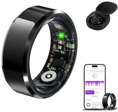Smart Rings Health Ring Blood Oxygen Blood Pressure HR Heart Rate Monitor Fitness Tracker Sleep Step Counter Waterproof Compatible with ios Android Phones with Charging Case (Black, #11-V1/2-2.54in)