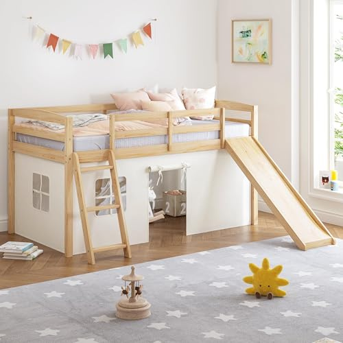 Spirich Kids Loft Bed with Slide and Ladder, Solid Wood Twin Loft Bed Frames with Curtains, Low Loft Bed with Bed Tent, No Box Spring Needed, Natural