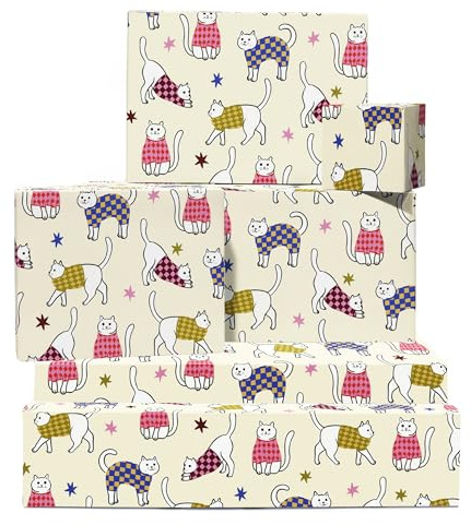 Papel de regalo para gatos, jerséis, tema de invierno, 6 hojas de papel de regalo para amantes de las mascotas, niñas, niños, mujeres, hombres, Navidad, viene con calcomanías Central 23