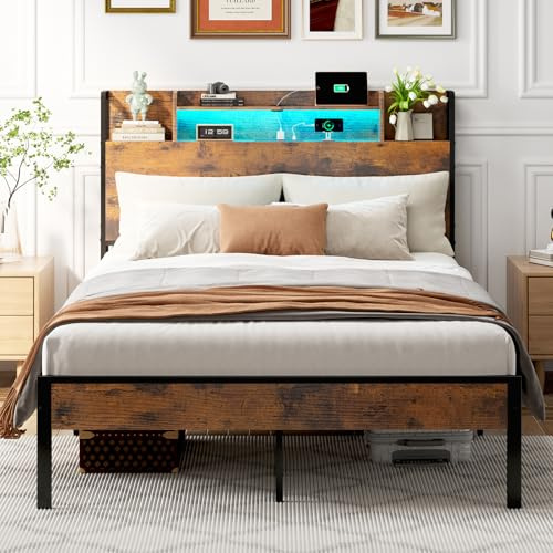 ODK 4ft6 Double Bed Frame with Storage Wooden Headboard | LED Light & Charging Station, Platform Metal Bed Frame Double with Underbed Storage, Strong Metal Slat Support