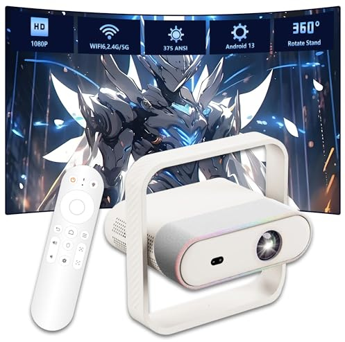NSL03 Proyector Inteligente,2.4G+5G WIFI6 y BT5.4,rotación Libre de 360°,miniproyector portátil Android 13,iluminación Ambiental RGB,Enfoque automático y corrección Trapezoidal,Cine en casa (Blanco)