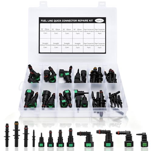 WODHMIEY Set med 36 bränsleslangkopplingar med snabbkoppling, SAE 9,89 mm, 9,49 mm, 7,89 mm, 6,3 mm, rak och vinkelkoppling för bil, motorcykel, båt, ID8 mm, ID6 mm, ID3 mm (12 mått)