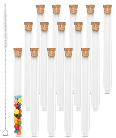 15 Tubos de Ensayo de Plástico Transparente 16×150 mm con Tapón de Corcho y cepillo de limpieza reutilizables para laboratorio manualidades semillas especias dulces y regalos