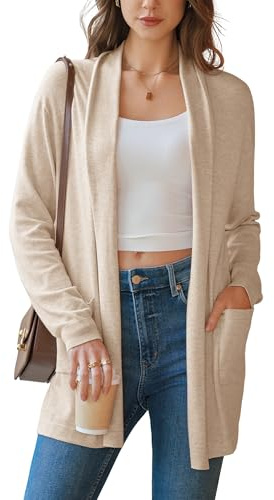Arach&Cloz Women's 2026 Summer Cardigan Lightweight Wool Blend Soft Knit Loose Open Front Business Casual Work Sweater with Pockets Capsule Wardrobe Trendy Fashion Clothing Apricot XXL