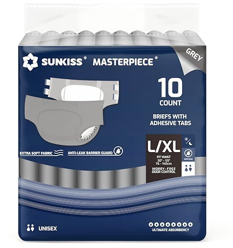 SUNKISS MASTERPIECE Couches Adultes avec Absorption Ultime, Culottes d’incontinence Jetables Unisexes pour Femmes et Hommes, Protection Pendant la Nuit, Gris, Taille L/XL, 10 Unités