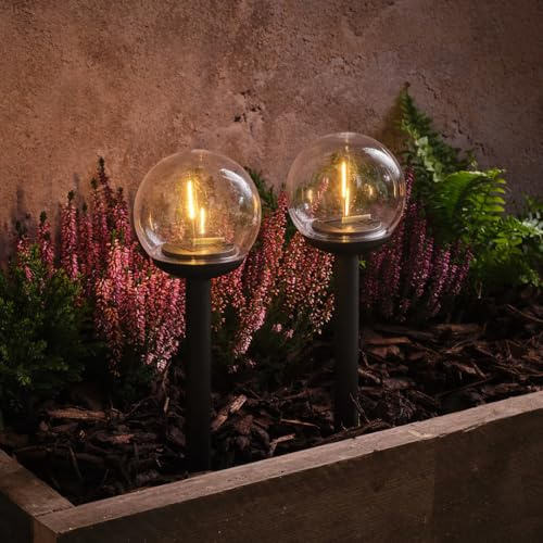 Lights4fun Set of 2 Globe Filament Solar Stake Lights with Warm White LEDs, Outdoor Garden Path Lights for Patios & Driveways