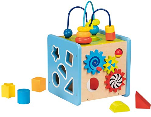 goki 58735 Activity- und Motorikwürfel, 21 x 21 x 32,5 cm, Holz, 5-in-1 Motorikspielzeug mit Steckspiel, Zahnrädern, Spiegel, Motorikschleife, fördert Feinmotorik & Kreativität, ab 12 Monaten