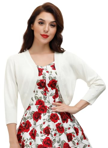 Belle Poque Womens 3/4 Sleeve Bolero Shrug Open Front Knit Cropped Cardigan(Cream White L)