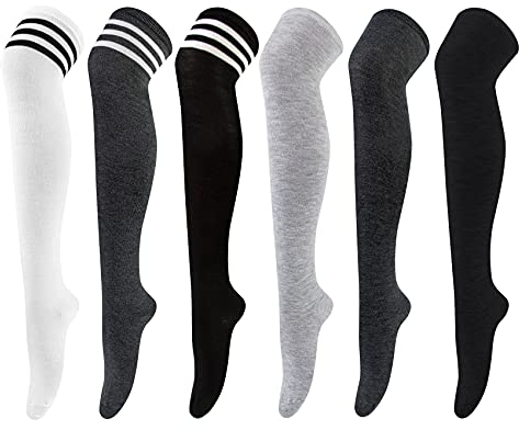 Chalier Cozy 6 Paar Damen Kniestrümpfe Overknee Strümpfe Lange Gestreifte Socken Thigh High Socks Beinwärmer Schenkel Socken für Mädchen