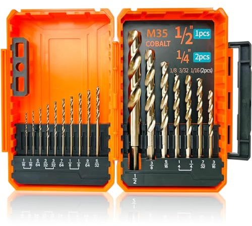 STROTON Cobalt Drill Bit Set (1/16-1/2 Inch, 17PCS), M35 High Speed Steel Twist Drill Bits for Stainless Steel, Hard Metal, Cast Iron, Plastic and Wood